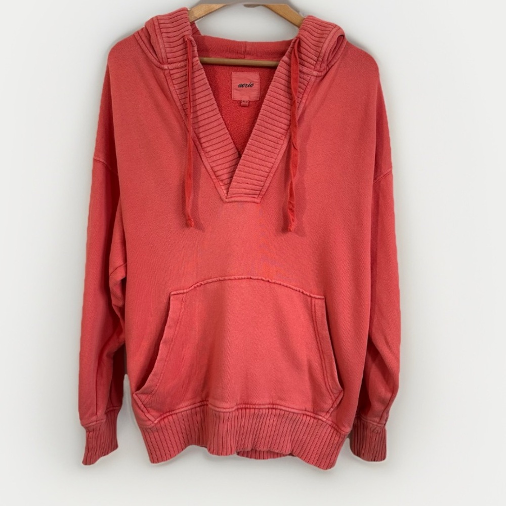 AERIE Soft Orange Hoodie Sweatshirt V-Neck Distressed Oversized Women’s Size‎ XS